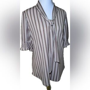 Adrianna Papell Brown and White Striped Blouse with Smocked Ruffle Sleeves